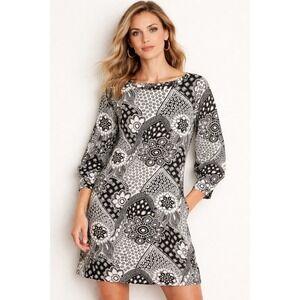 LOFT Women Petites Paisley Patchwork Shift Dress Small Petite Black White Boho